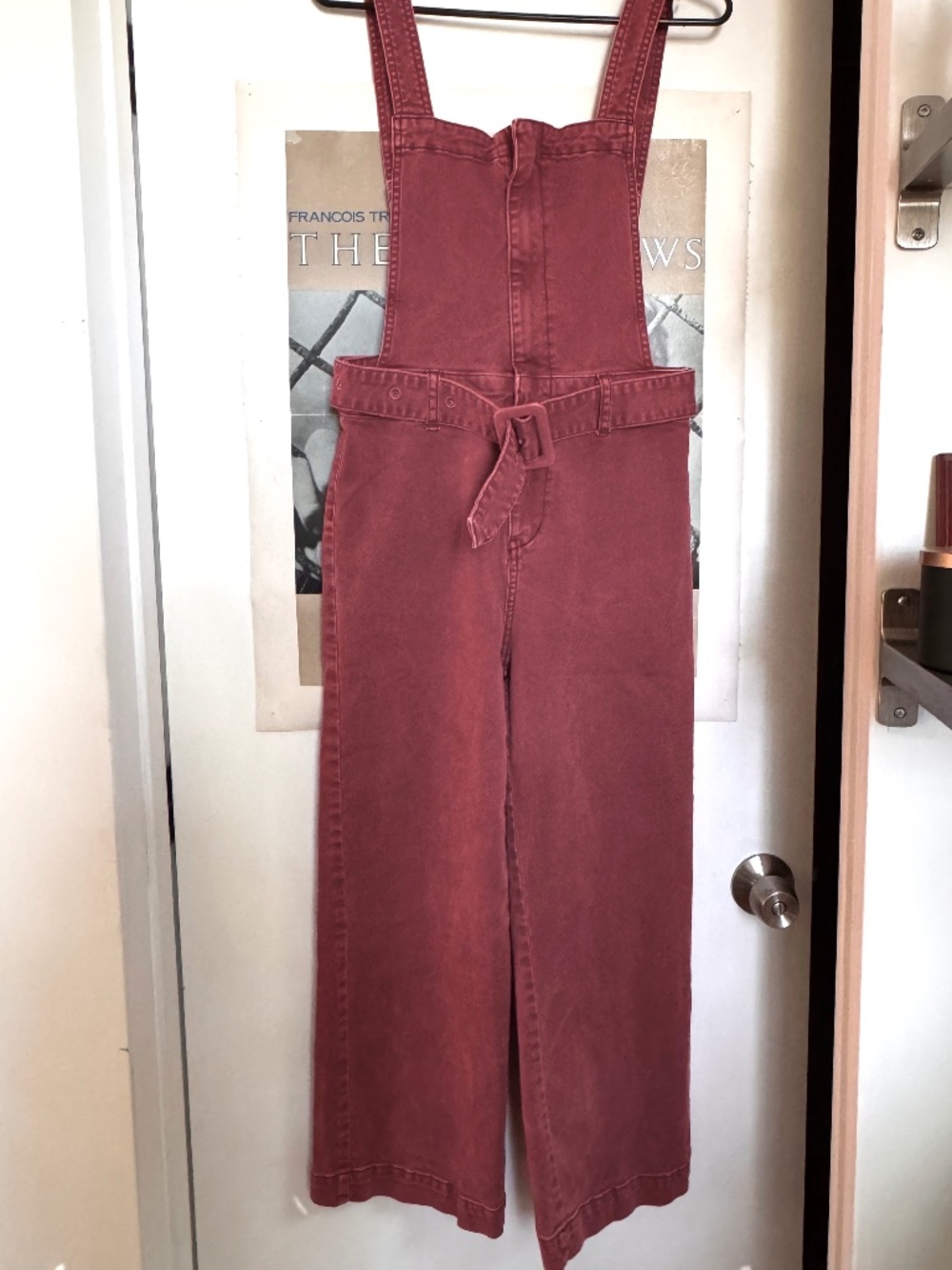 Free People Beet Red Denim Belted Wide Leg Overalls Jumpsuit